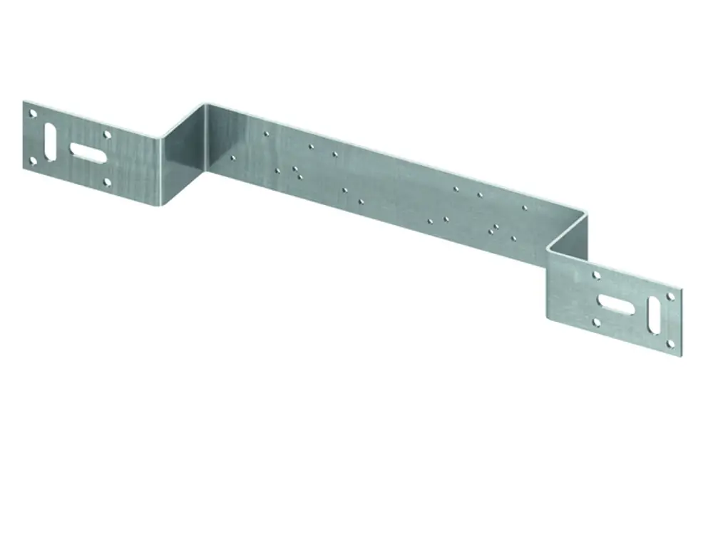 TECE-Halter aus verzinktem Stahl, gewinkelt, mit mehreren Löchern zur Befestigung. Die Konstruktion ermöglicht vielseitige Anwendungen im Bau- und Installationsbereich.